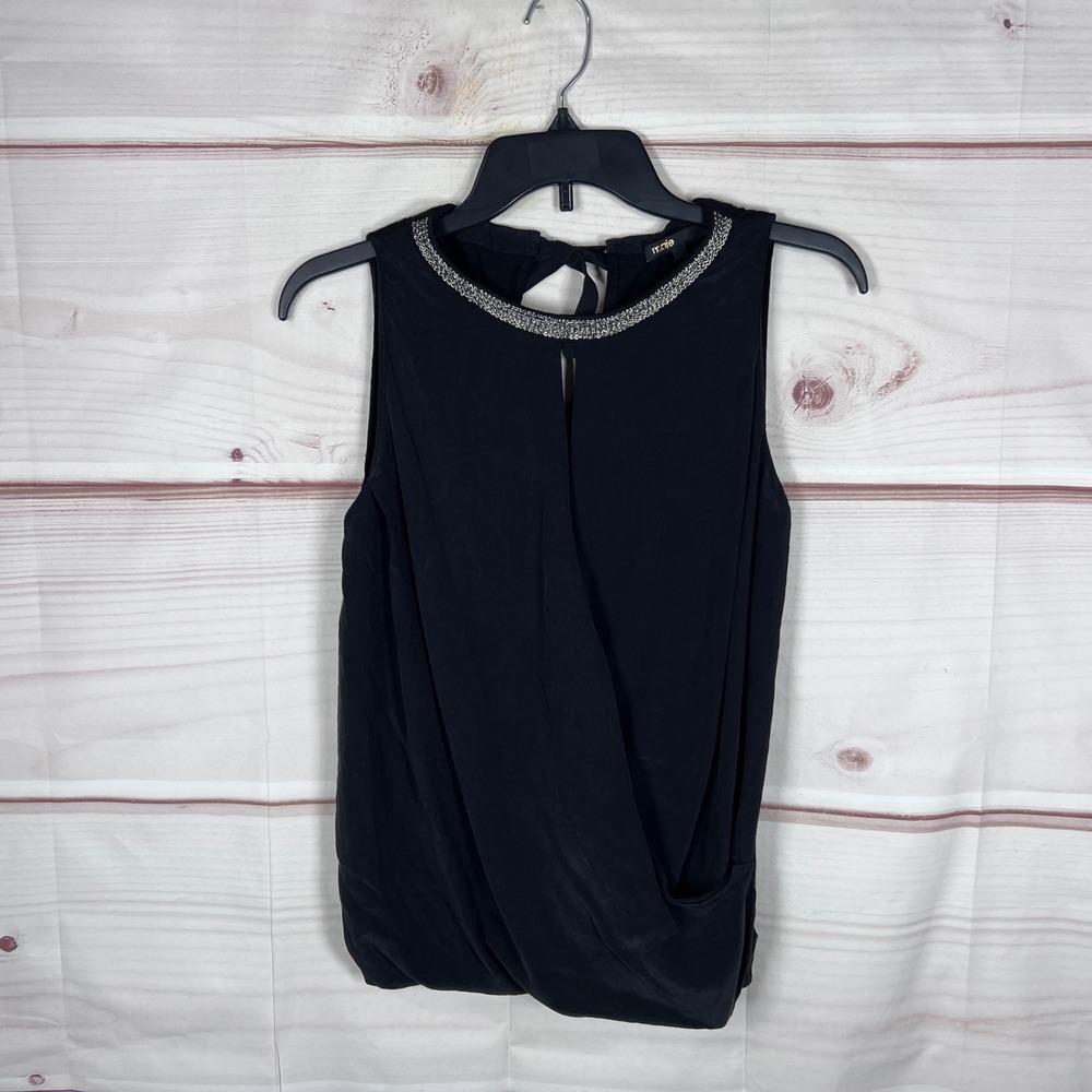Maje Tank Top Womens 2 M Black Silk Blend Faux Wrap Embellished Neck Sleeveless